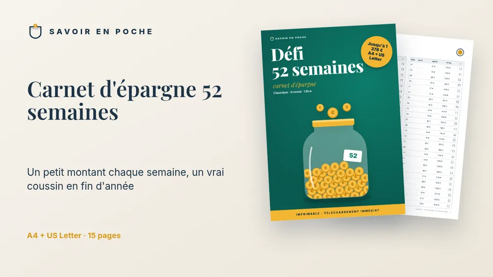 Carnet d'épargne 52 semaines imprimable (A4 + US Letter)